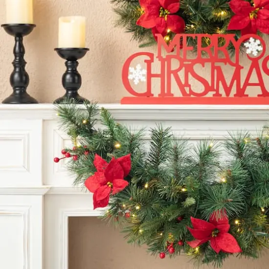 Glitzhome&reg; 3ft. Pre-Lit Pine, Poinsettia & Berries Christmas Swag {5}