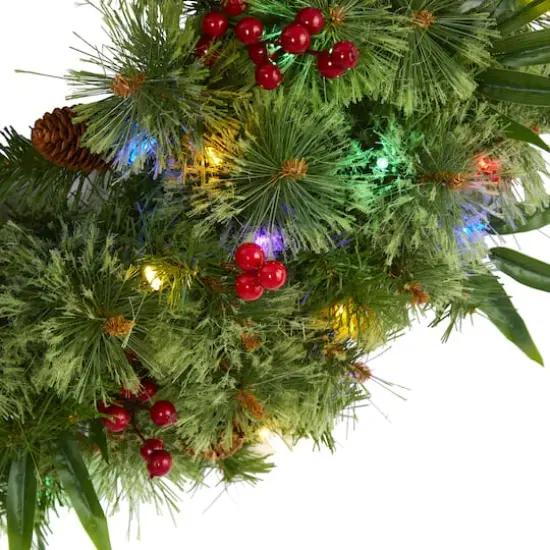 24" Multicolor LED Mixed Pine Christmas Wreath with Berries & Pinecones {4}
