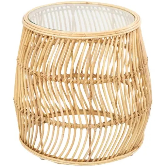 Brown Rattan Handmade Wavy Woven Accent Table with Glass Top {8}