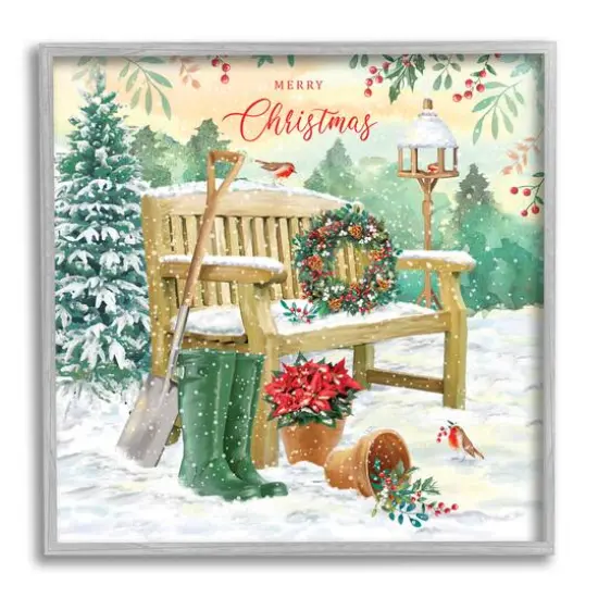 Stupell Industries Merry Christmas Winter Bench Framed Giclee Art Gold {1}