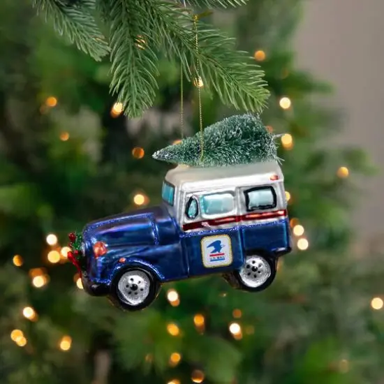 5" Blue & Silver USPS Post Office Truck with Frosted Tree Glass Christmas Ornament {3}