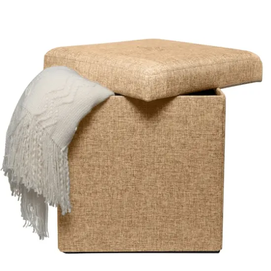 Simplify 15" Faux Linen Folding Storage Ottoman Cube Camel {4}