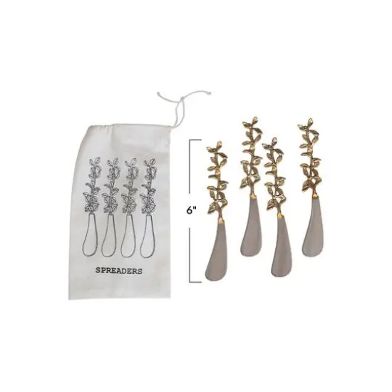 Hello Honey&reg; Stainless Steel & Brass Canap&eacute; Knives with Leaves Handles Set {4}