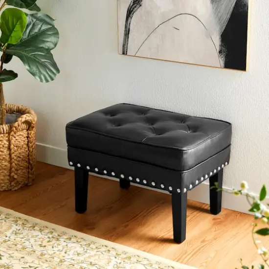 Glitzhome&reg; Mid-Century Modern Leatherette Button-Tufted Accent Stool Black {3}