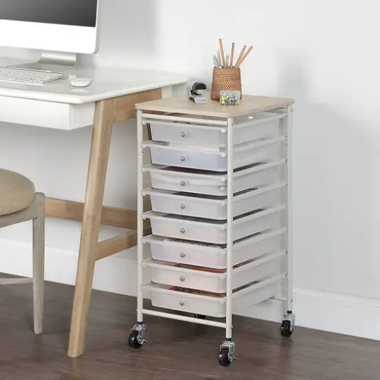 SunnyPoint Wooden Top Compact Rolling Storage 8 Drawers Organizer Mobile Utility Cart White {3}