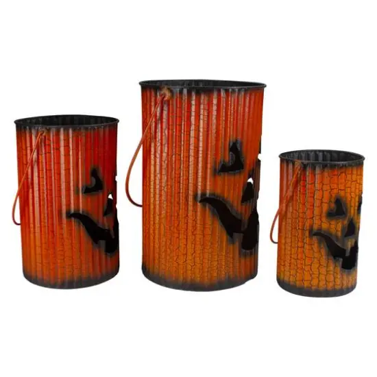 3 Piece Black & Orange Metal Pumpkin Lantern Halloween Decoration Set {3}