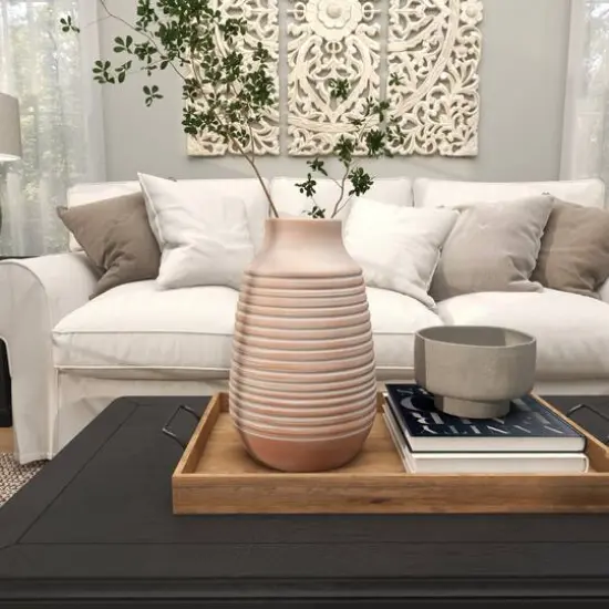 15" Pink Whitewashed Ribbed Terra Cotta Vase {9}