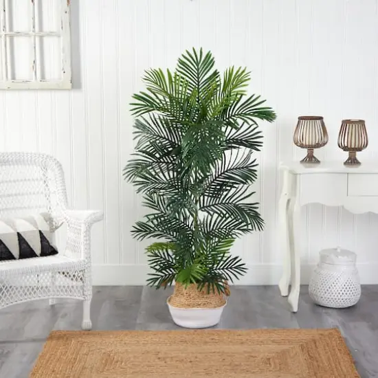 5ft. Areca Artificial Palm Tree in Boho Chic Handmade Cotton & Jute White Woven Planter UV Resistant (Indoor/Outdoor) {4}