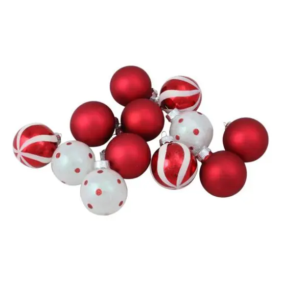 12ct. 1.75" 2-Finish Red & White Glass Ball Ornaments {1}