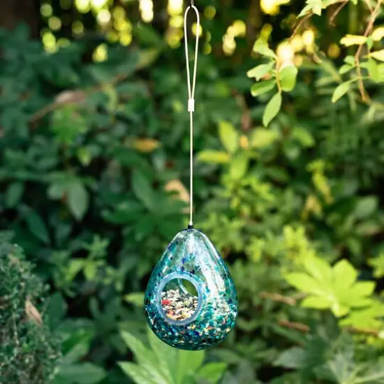 Glitzhome&reg; 6.75" Blue Dots Glass Water Drop Hanging Bird Feeder {7}