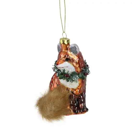 Brown & Green Fox with Faux Fur Tail & Wreath Ornament {3}