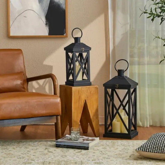 Glitzhome&reg; Black Farmhouse Wood & Metal Lanterns Set {8}