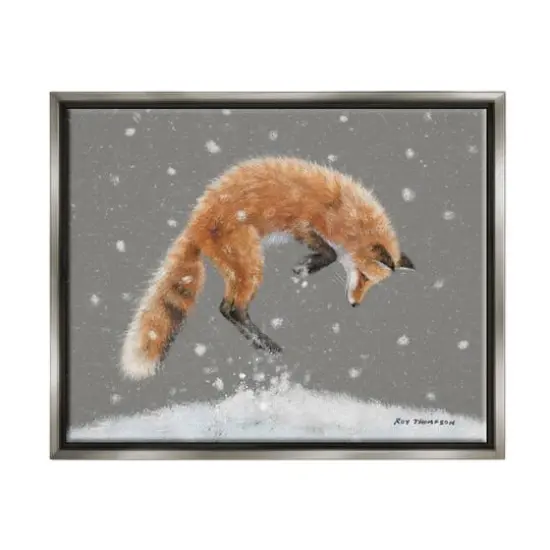 Stupell Industries Jumping Fox Winter Snowfall Framed Floater Canvas Wall Art Gray {1}