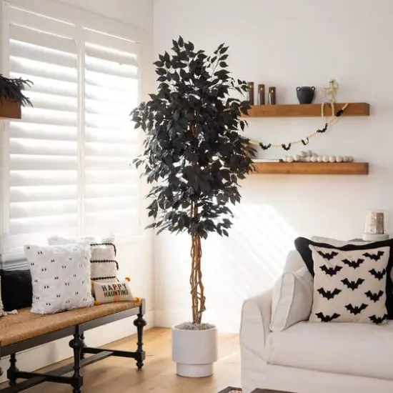 6ft. Artificial Halloween Black Ficus Tree with Natural Trunk {7}