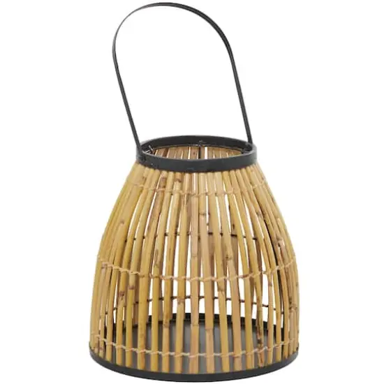 15" Brown Wicker Handmade Slatted Frame Candle Lantern with Handle {1}