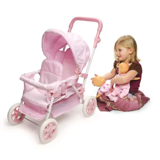 Badger Basket Pink Gingham Folding Double Front-to-Back Doll Stroller {4}