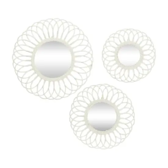 White Woven Rattan Round Wall Mirrors Set {1}