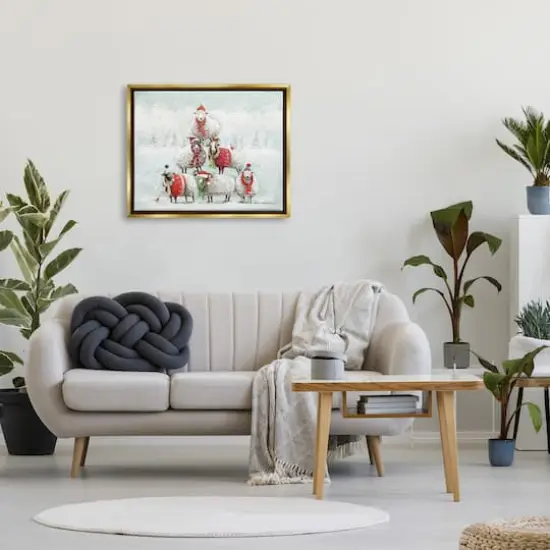 Stupell Industries Winter Sheep Snowy Farm Animals Framed Floater Canvas Wall Art Gold {3}