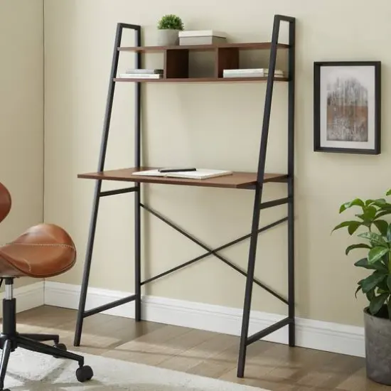 Walker Edison 56" Dark Walnut Industrial Ladder Desk with Storage {5}