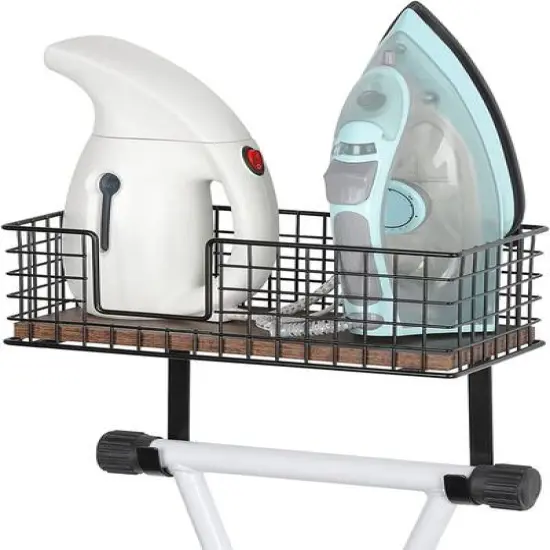 NEX&trade; Wall Mounted Ironing Board Hanger for T-Leg with Storage Basket Rustic Brown {1}