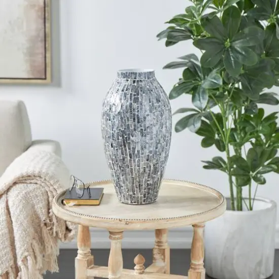 15" Gray Mother of Pearl Handmade Mosaic Inspired Vase {11}