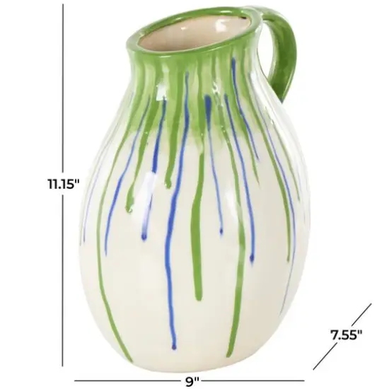 11" White, Green & Blue Drip Design Ceramic Vase with Handle {8}