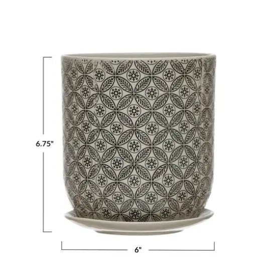 Hello Honey&reg; 7" Black & Cream Hand-Stamped Pattern Stoneware Pot & Saucer Set {3}