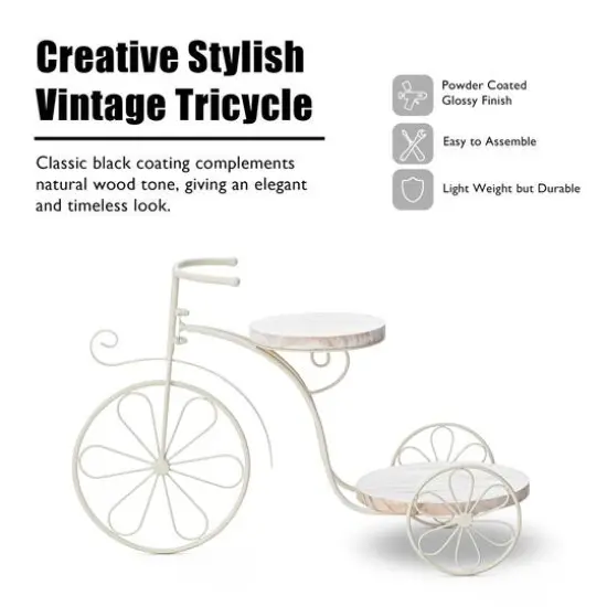 Glitzhome&reg; 24" White Metal Tricycle Planter Stand with Solid Wood Tray {6}
