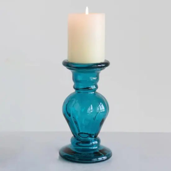 8" Aqua Blue Recycled Glass Pillar Candle Holder {3}