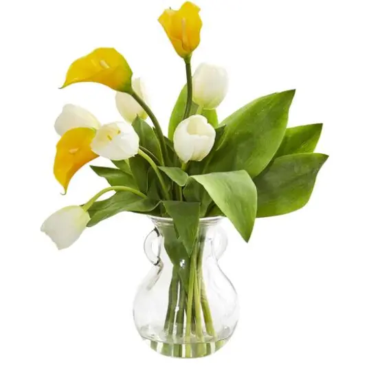 19" Calla Lily & Tulips Artificial Arrangement in Decorative Clear Vase Yellow and White {1}