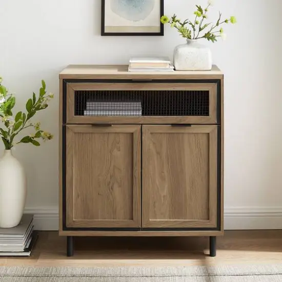 Walker Edison English Oak Mesh Metal Accent Cabinet {3}