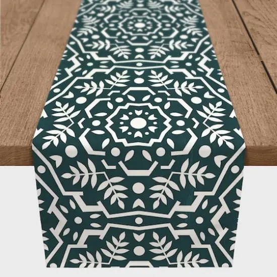 Folk Floral Teal 16" x 90" Cotton Twill Runner {1}