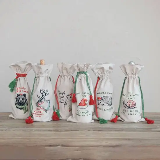 Hello Honey&reg; 14" Cotton Chambray Printed Drawstring Wine Bag Set {3}