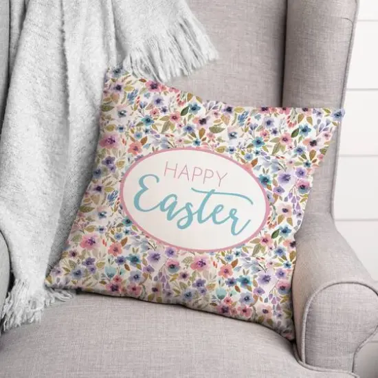 Happy Easter Floral Pattern Throw Pillow {3}