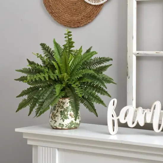 15" Boston Fern Artificial Plant with Tuscan Ceramic Green Scroll Planter {4}
