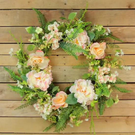 24" Pink & Green Rose & Peony Floral Artificial Spring Wreath {4}