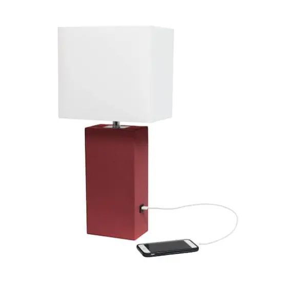Lalia Home Lexington 21" Leather Table Lamp with USB Charging Port Red {7}