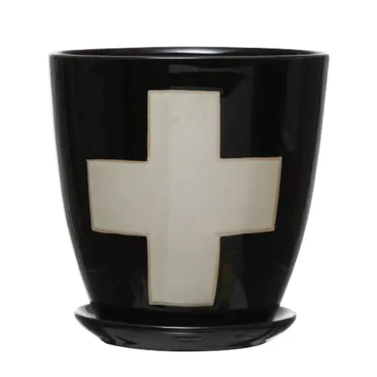 Hello Honey&reg; 6" Black Stoneware Planter with Saucer & Wax Relief White Swiss Cross Set {1}