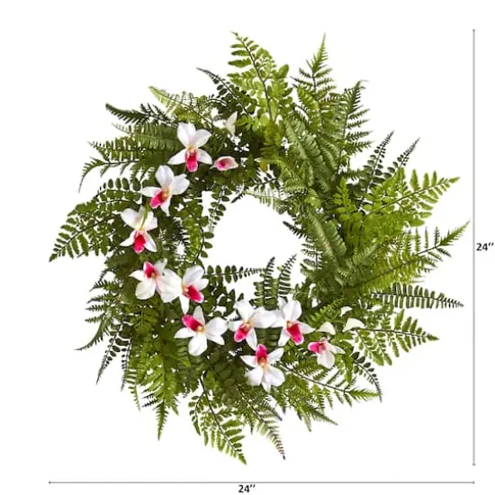 24" Mixed Fern & Dendrobium Orchid Wreath White {3}