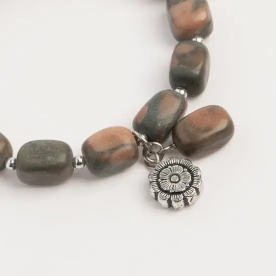 John Bead Jasper Gray Natural Stone Stretch Bracelet with Flower Charm {3}