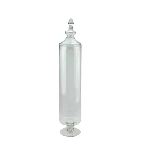 29" Clear Transparent Glass Cylindrical Jar with Finial Topped Lid {1}