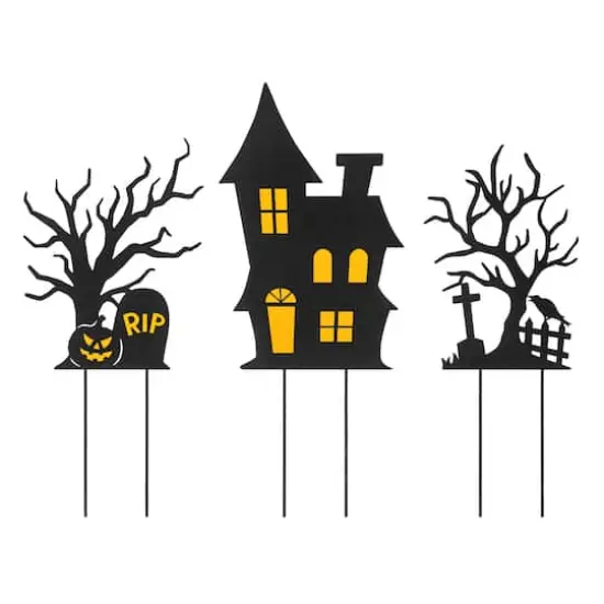 Glitzhome&reg; 2ft. Halloween Metal Silhouette Haunted House and Ghost Tree Yard Stake Set {1}