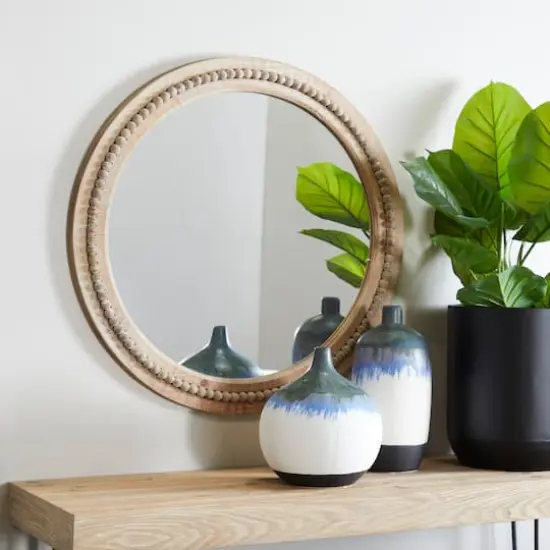 Brown Wood Beaded Frame Wall Mirror with Distressing 28" x 2" x 28" {7}