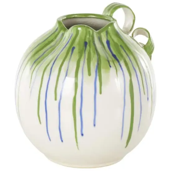 10.5" White Ceramic Vase with Green & Blue Drip Design & Handles {1}