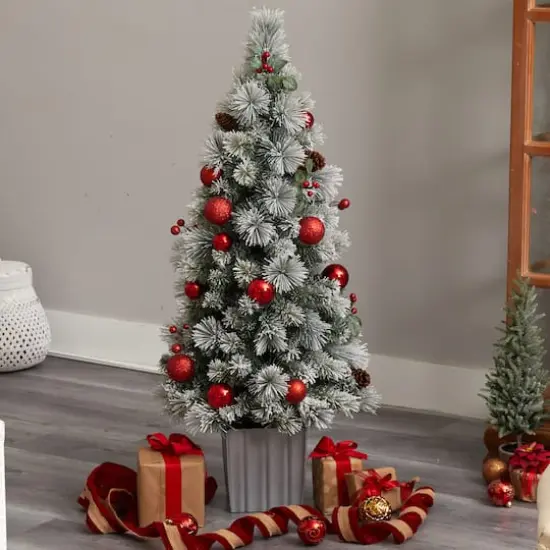 4ft. Pre-Lit Winter Flocked Artificial Christmas Tree in Decorative Planter, White LED Lights {9}