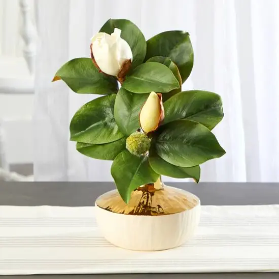 15" Magnolia Plant in Gold & Cream Elegant Planter {4}