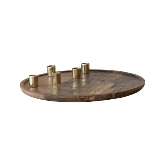 Hello Honey&reg; 15.5" Decorative Natural & Gold Finish Mango Wood & Aluminum Tray Taper Candleholder {4}