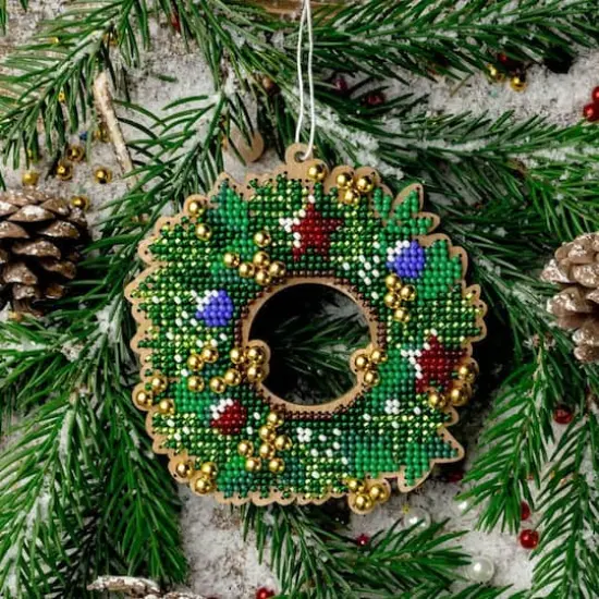 Wonderland Crafts Wreath with Ornaments Bead Embroidery on Wood Kit {3}