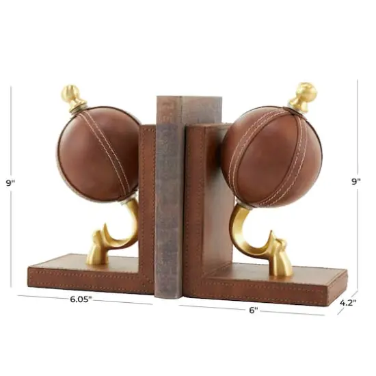 9" Brown Leather Globe Handmade Stitched Bookends Set {8}