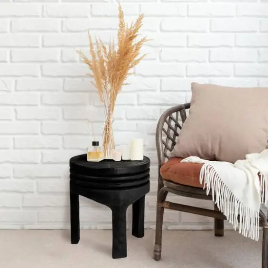 Hello Honey&reg; 15.8" Round Paulownia Wood Carved Stool Black {3}